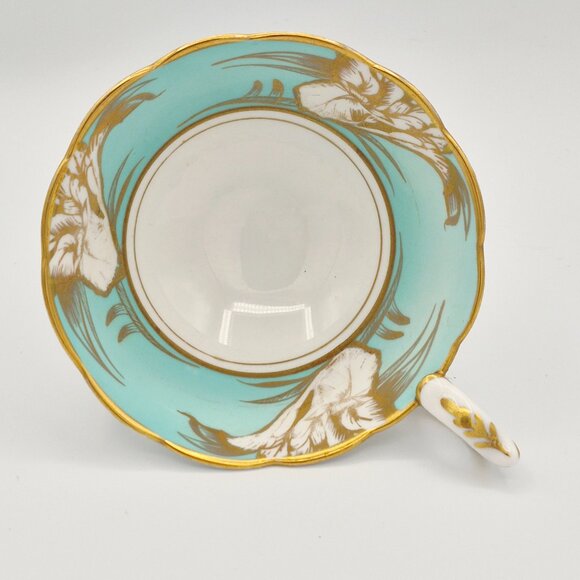 Royal Stafford Turquoise & Gold Acanthus Leaves Tea Cup & Saucer Bone China UK - Picture 7 of 13